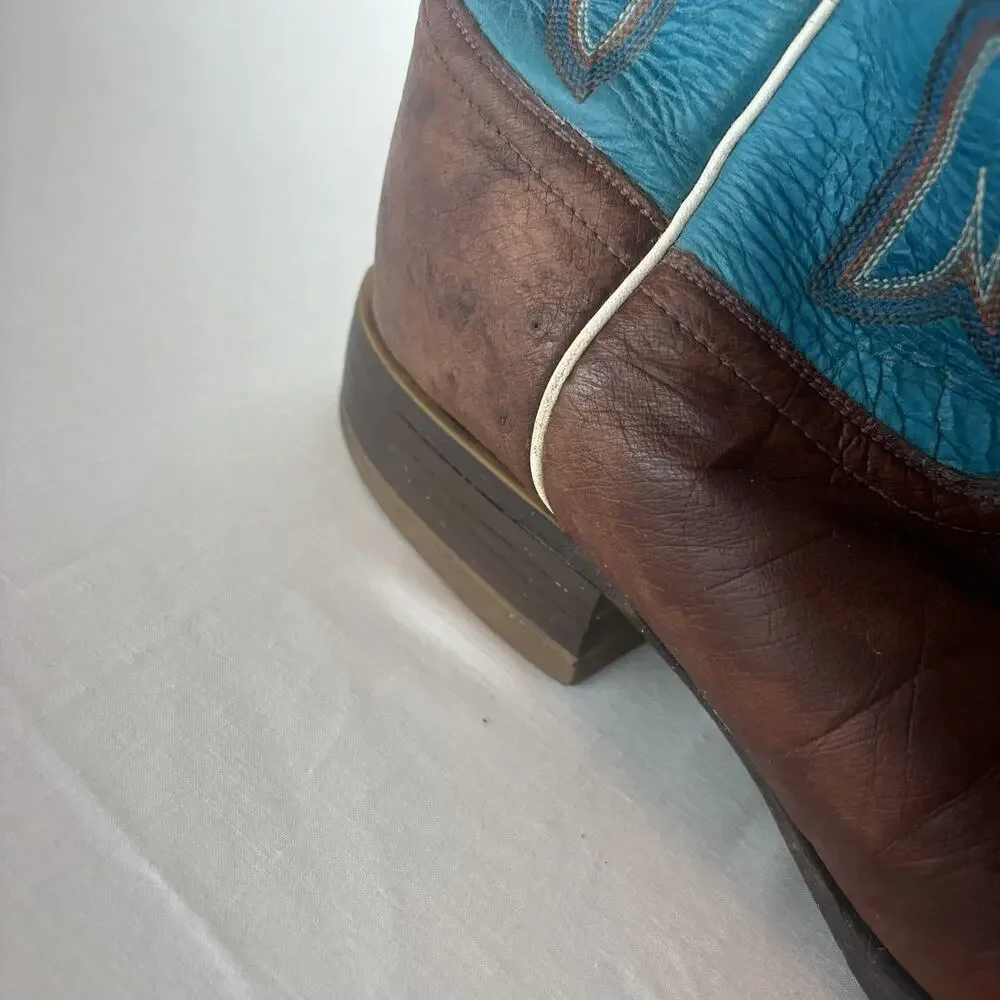 Justin Made in USA Square Toe Western Cowboy Brown Blue Leather Boots 13D Mens